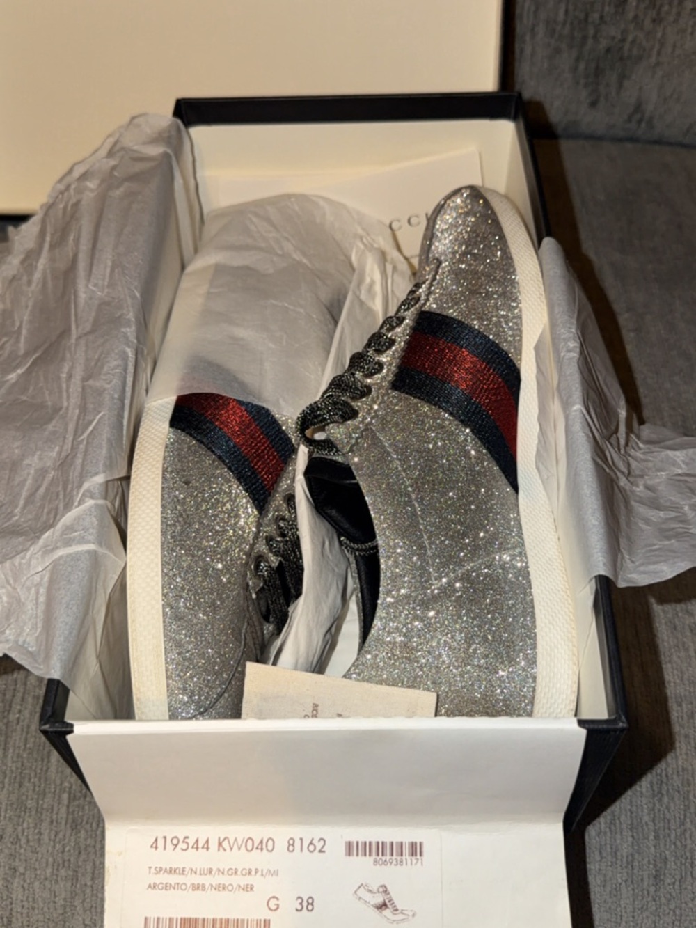 Gucci Silver Glitter Sneakers with Red and Blue Web Stripe - Picture 6 of 6